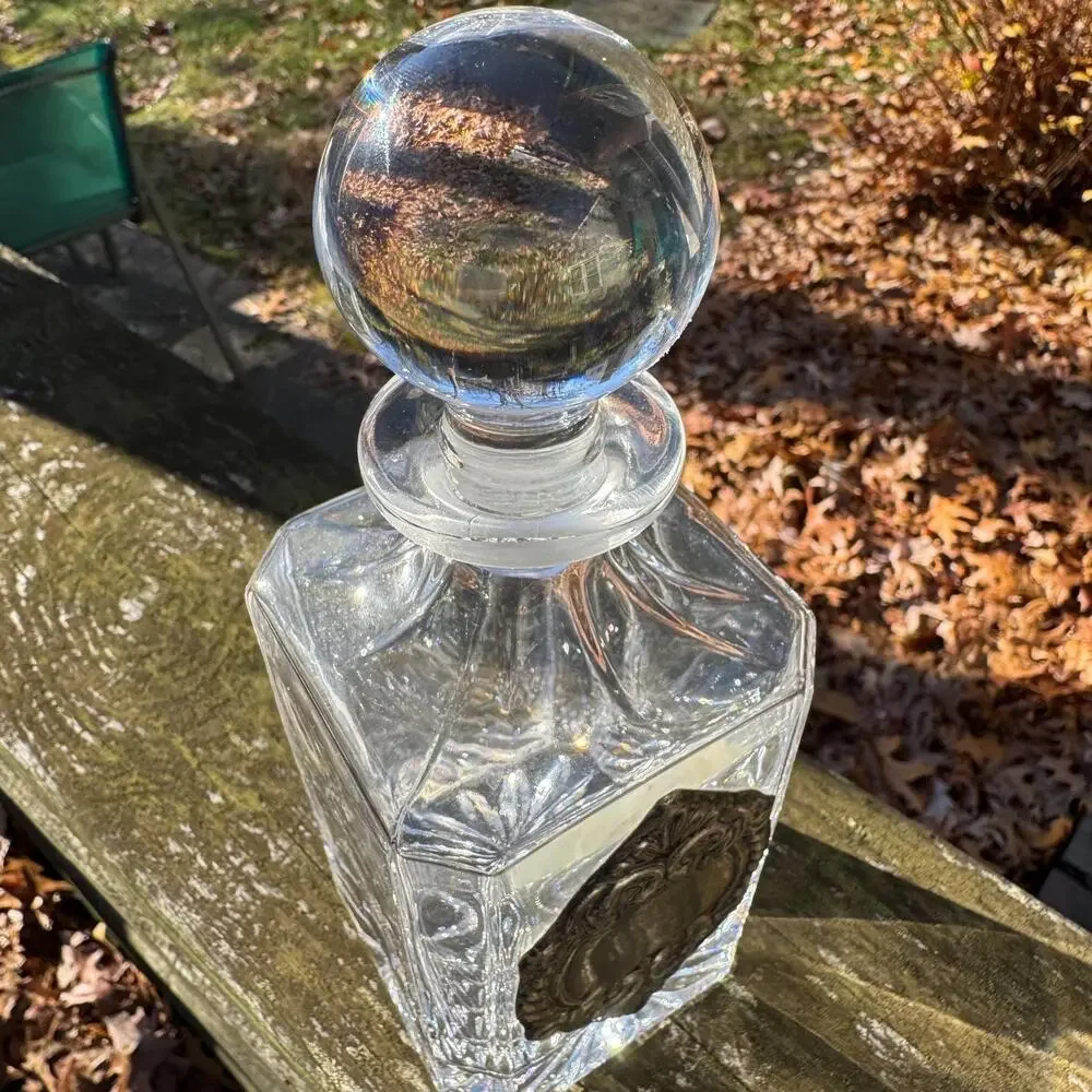 Antique Crystal Decanter with Sterling Silver Ornate Accent Vintage Estate